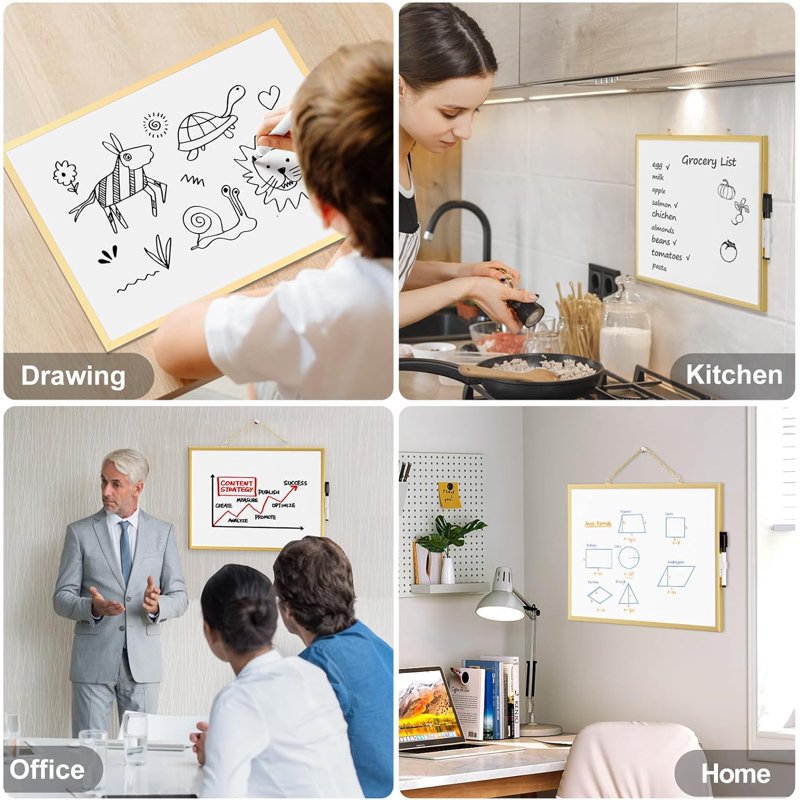 Small Double-Sided Dry Erase Board with Gold Frame, 16 x 12 Inches, Wall Mountable, Includes Marker