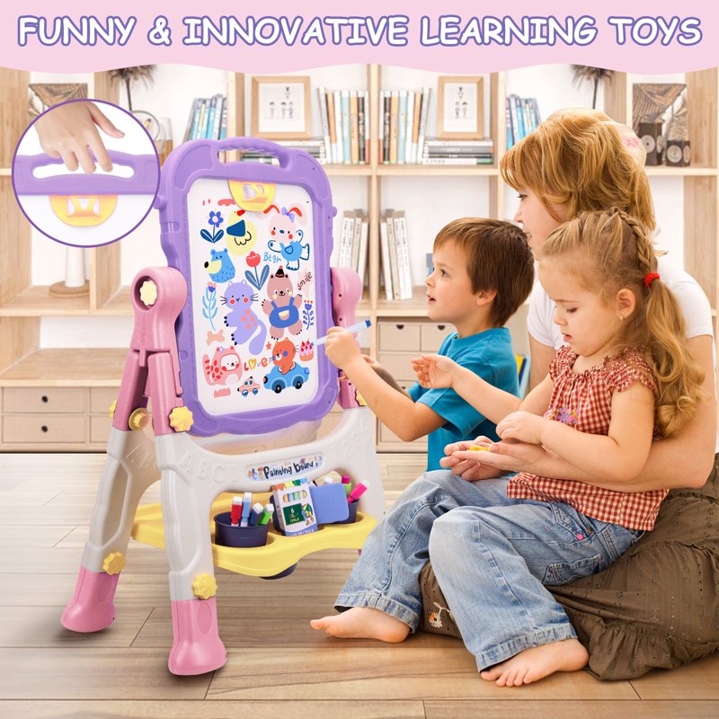 Kids Adjustable Art Easel with Whiteboard & Chalkboard - Toddler Drawing Gift