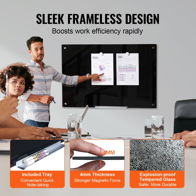 Magnetic Glass Dry Erase Whiteboard 36x24 Wall-Mounted Frameless Office & Home