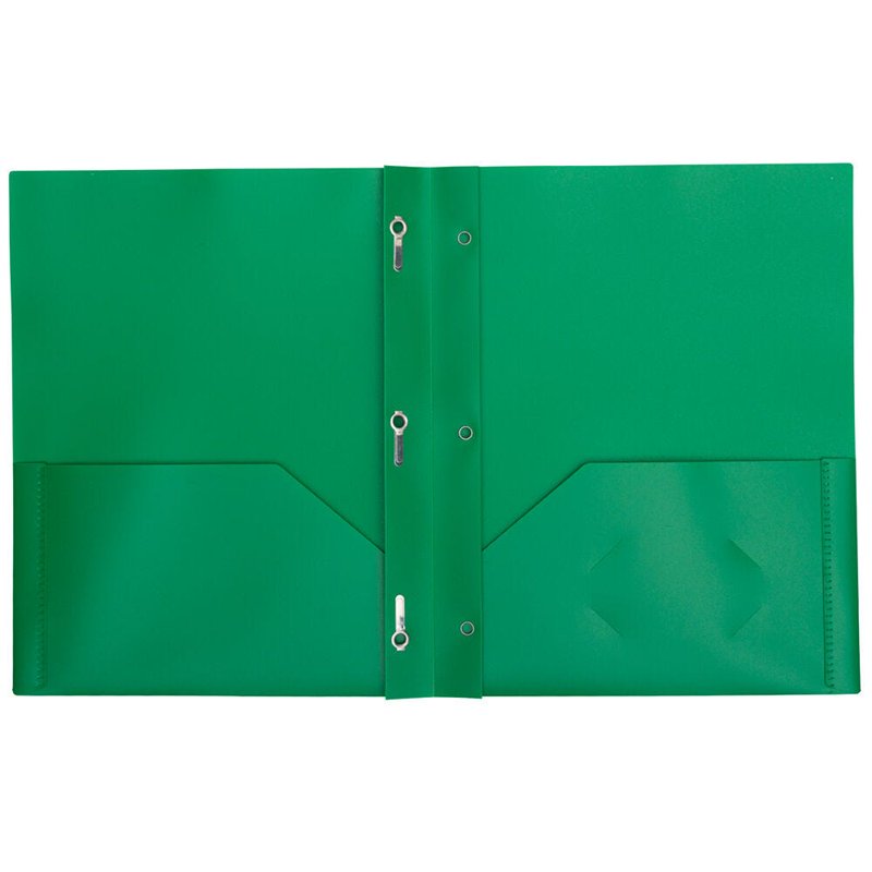 2 Pocket Plastic Folder with Metal Prongs - Green, 3 Pack