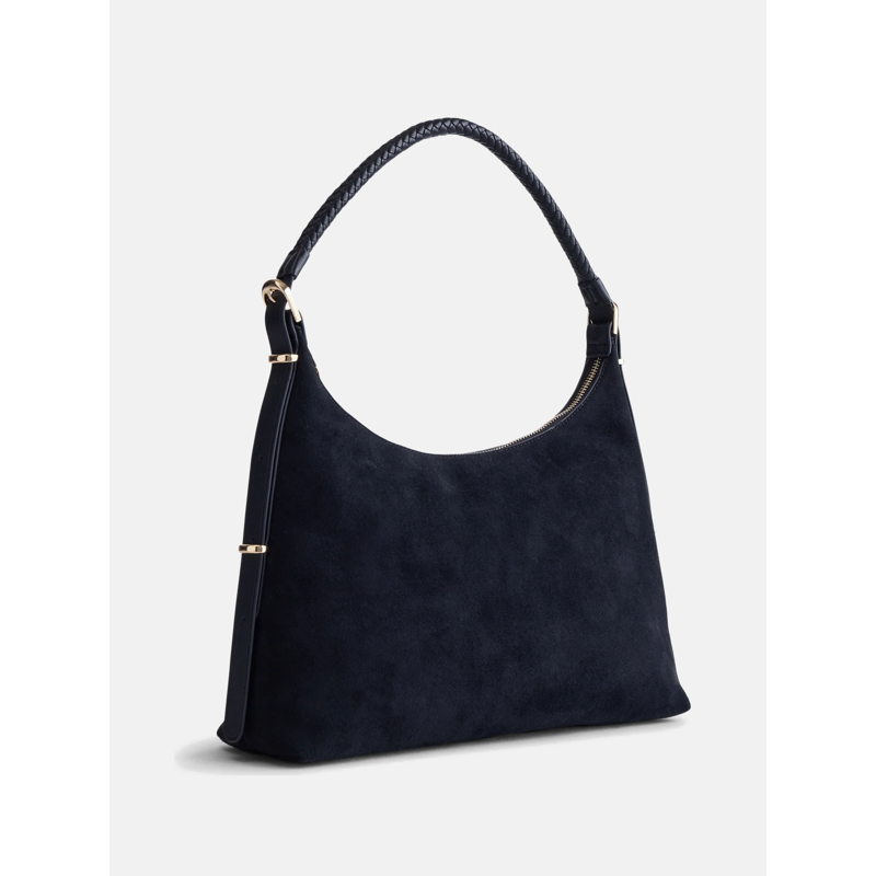 Women's Faux Suede Shoulder Bag with Zipper & Braided Strap - Black