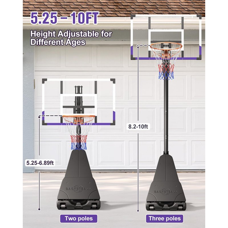 Portable Adjustable Basketball Hoop System - 44 Inch Shatterproof Backboard, 5.25-10FT Height for Kids & Adults