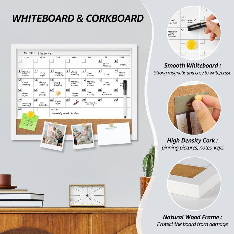 Magnetic Dry Erase Calendar & Corkboard Wall Board 17x13 in Gray Frame