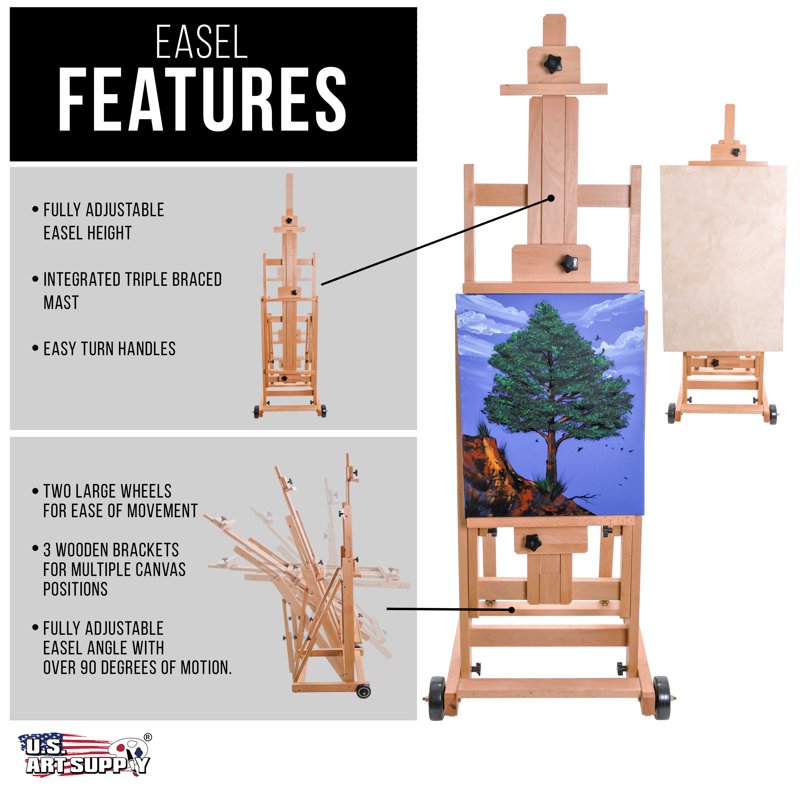 Large Wooden Studio Artist Easel - Adjustable H-Frame Floor Easel for Painting