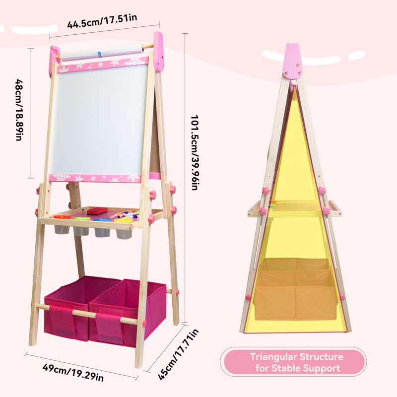 Kids Art Easel 3-in-1 Wooden Double Sided Magnetic Whiteboard & Paper Roll - Adjustable, Pink