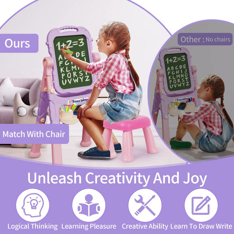 Kids Adjustable Double-Sided Art Easel with Chair, Whiteboard & Chalkboard Set