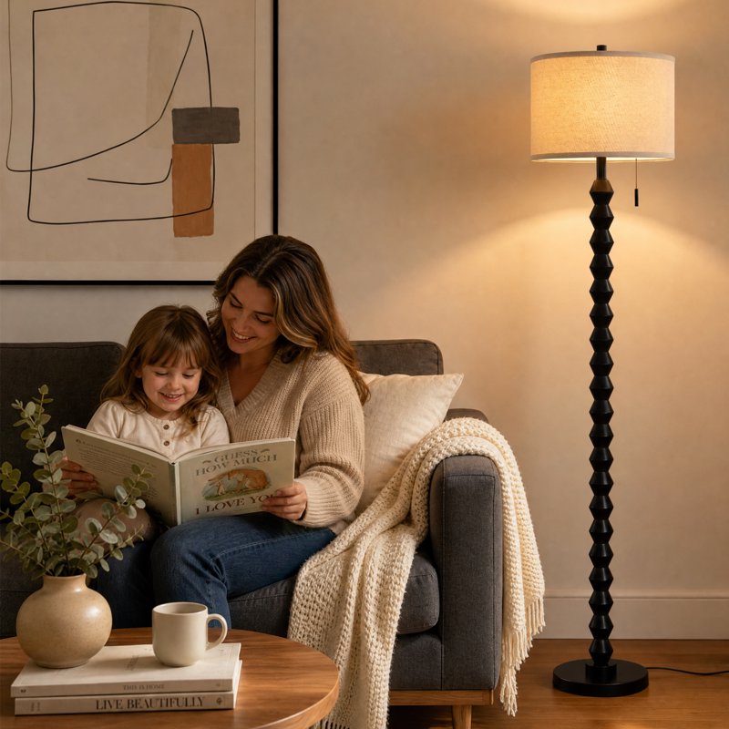 Modern 65-Inch Solid Wood Floor Lamp with Linen Shade & Pull Switch - Black, White, Walnut Variants