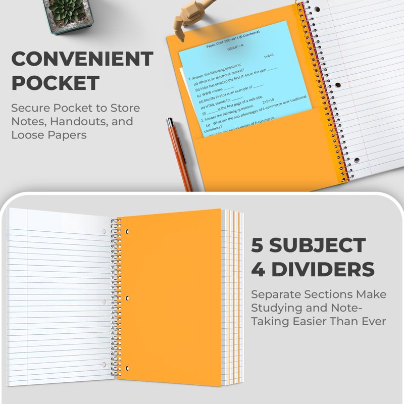 12 Pack Wide Ruled Spiral Notebooks 5-Subject, 300 Pages, Soft Cover, Assorted Colors