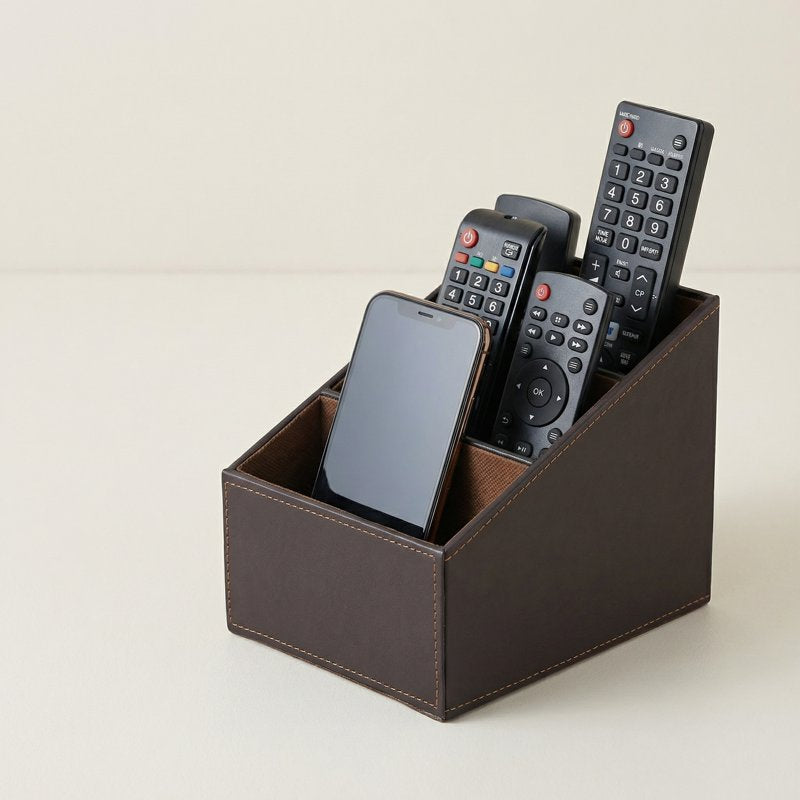 PU Leather Remote Control Organizer with 3 Compartments - Stylish TV Remote Caddy for Living Room and Desk