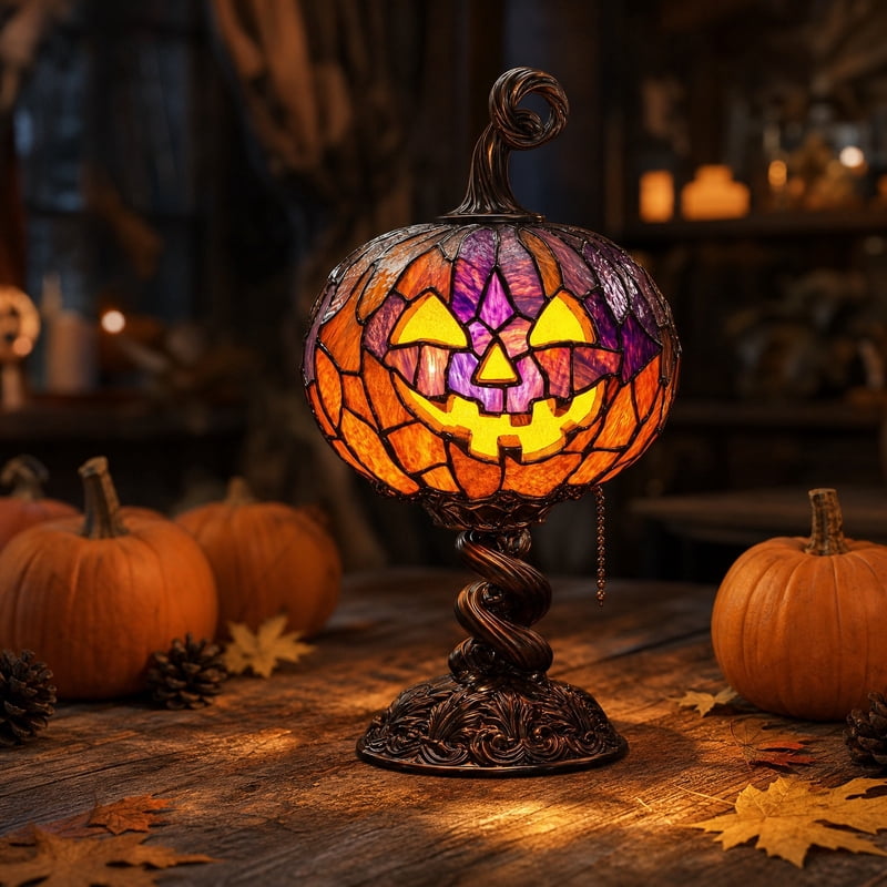 Halloween Stained Glass Pumpkin Table Lamp S (8.7in) Twisted Base - Jack-o-Lantern Amber Light