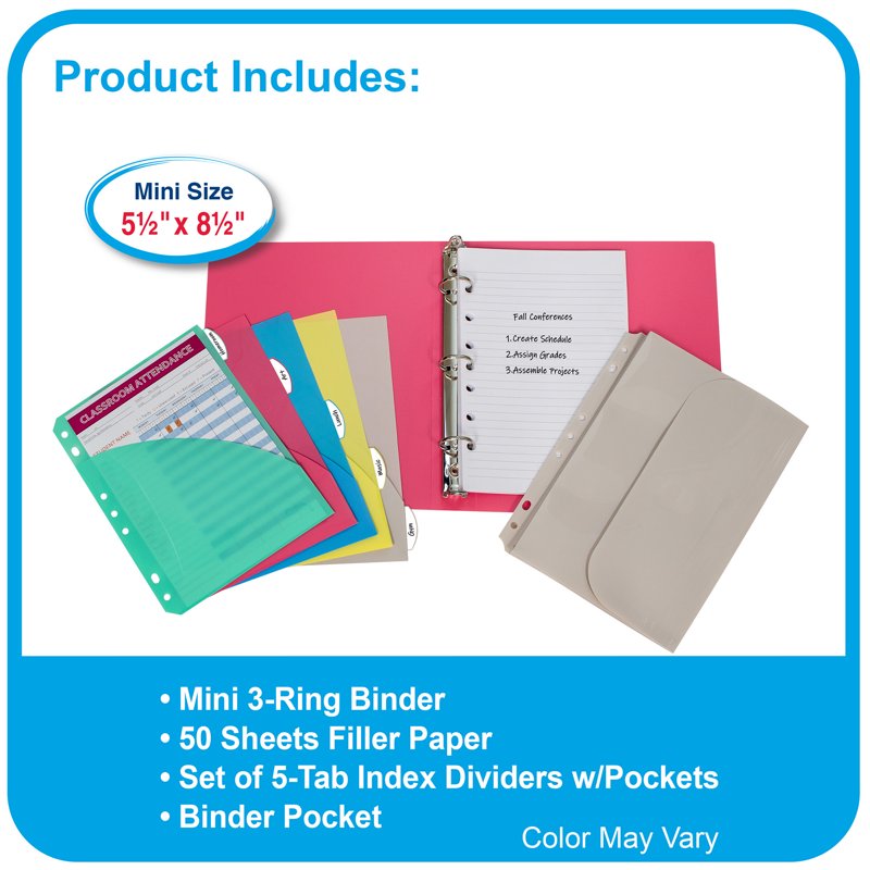 Mini Size Binder Starter Kit Assorted - Portable Document Organization Set