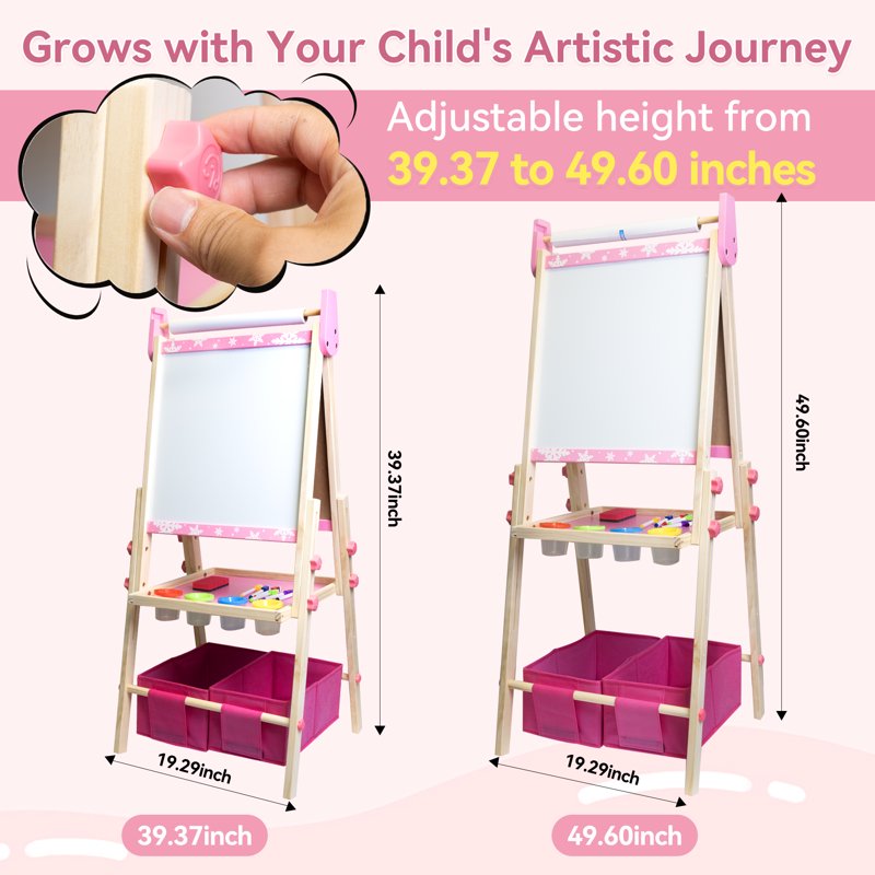 Kids Art Easel 3-in-1 Wooden Double Sided Magnetic Whiteboard & Paper Roll - Adjustable, Pink