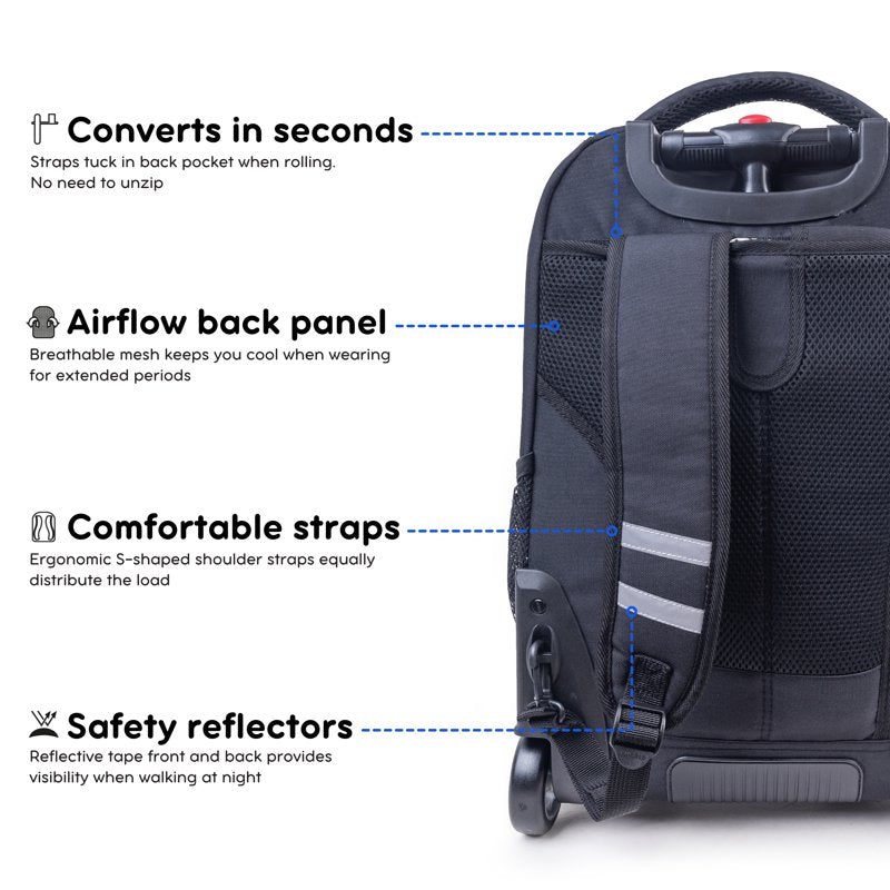 20-Inch Rolling Backpack with Laptop Sleeve for School & Travel - Black