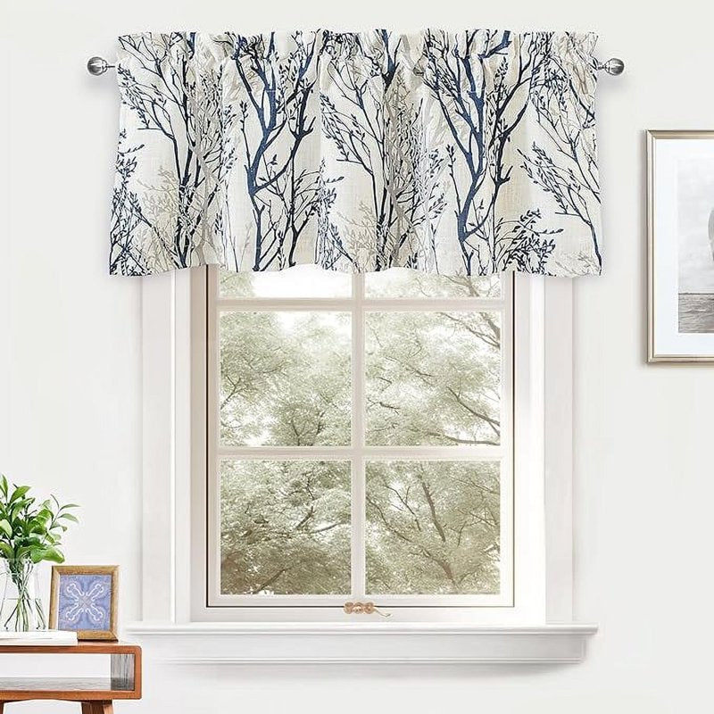 Linen Tree Branch Valance for Windows - Thermal Insulated, 52x14 Inches, Blue
