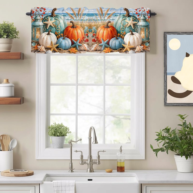 Coastal Fall Window Valance - Pumpkin & Starfish Pattern, 56x16 Inches
