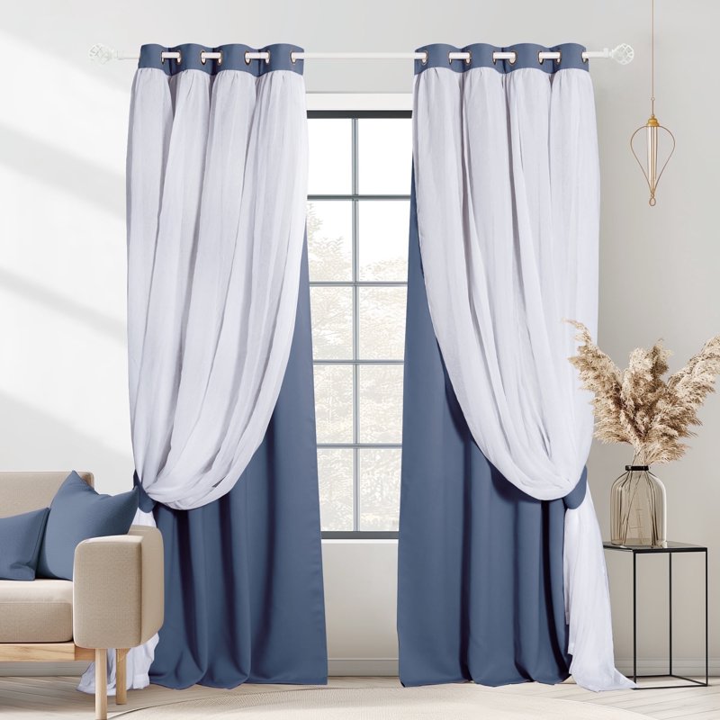 Double Layer Blackout Curtains for Bedroom Solid Ruffle Grommet Window Drapes