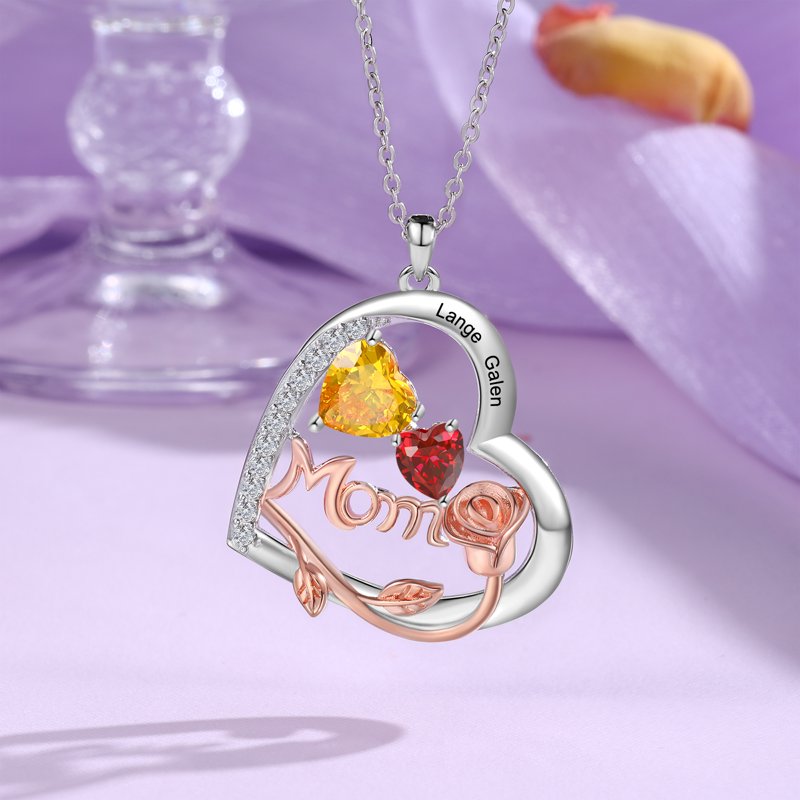 Personalized Heart Family Necklace with Birthstones for Women - Mother's Day Gift