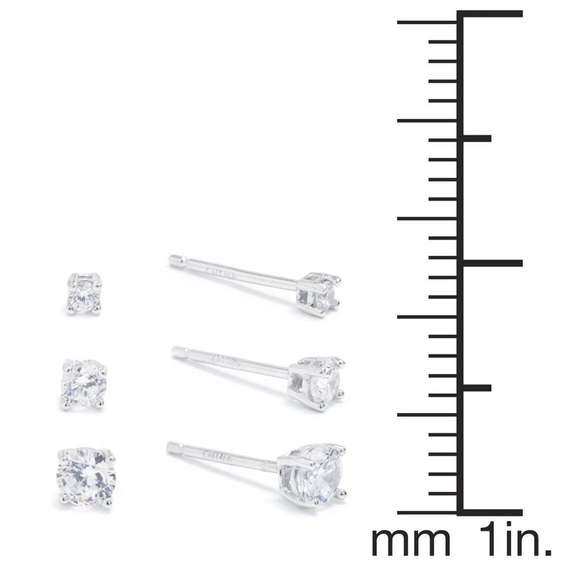 Sterling Silver Cubic Zirconia Stud Earrings Set - 3-Piece for Women & Teens