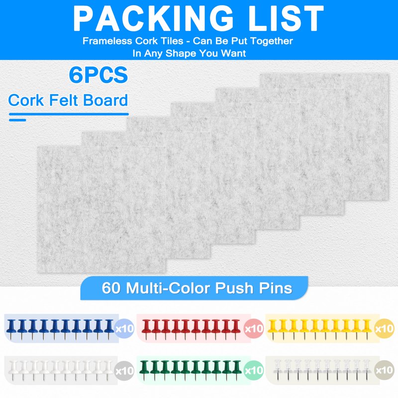 Felt Cork Board Tiles for Walls - Acoustic & Bulletin Boards - Pack of 6