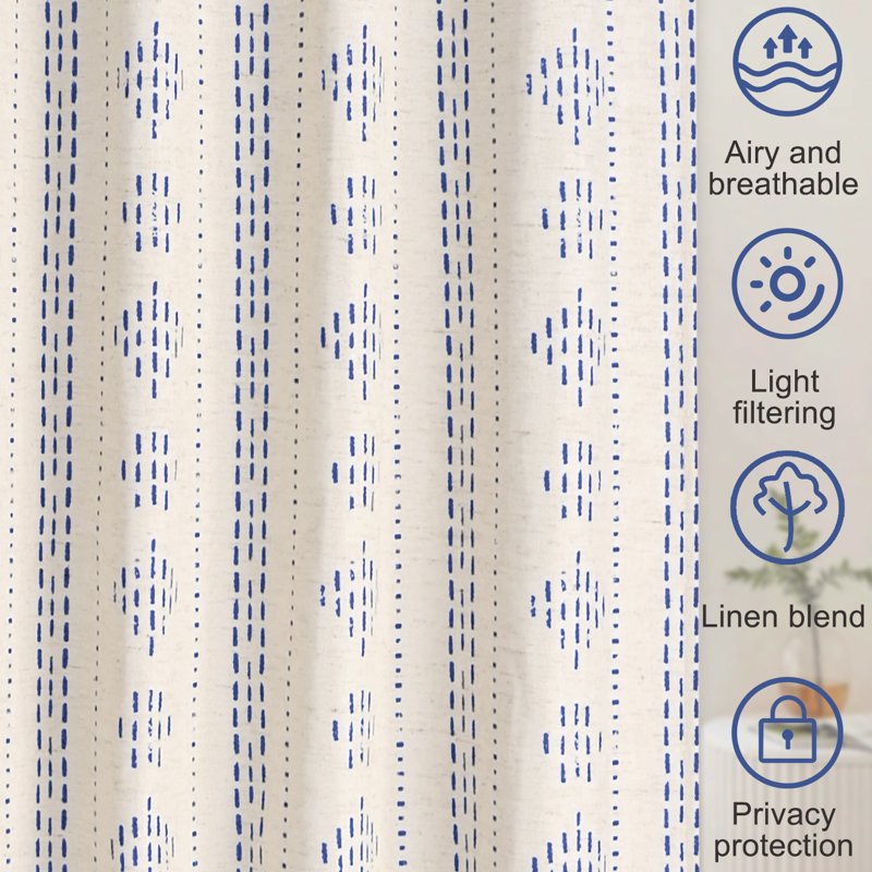 Boho Linen Window Curtains Set - Light Filtering Blue Geometric Stripes, 52x84 Inches, 2 Panels