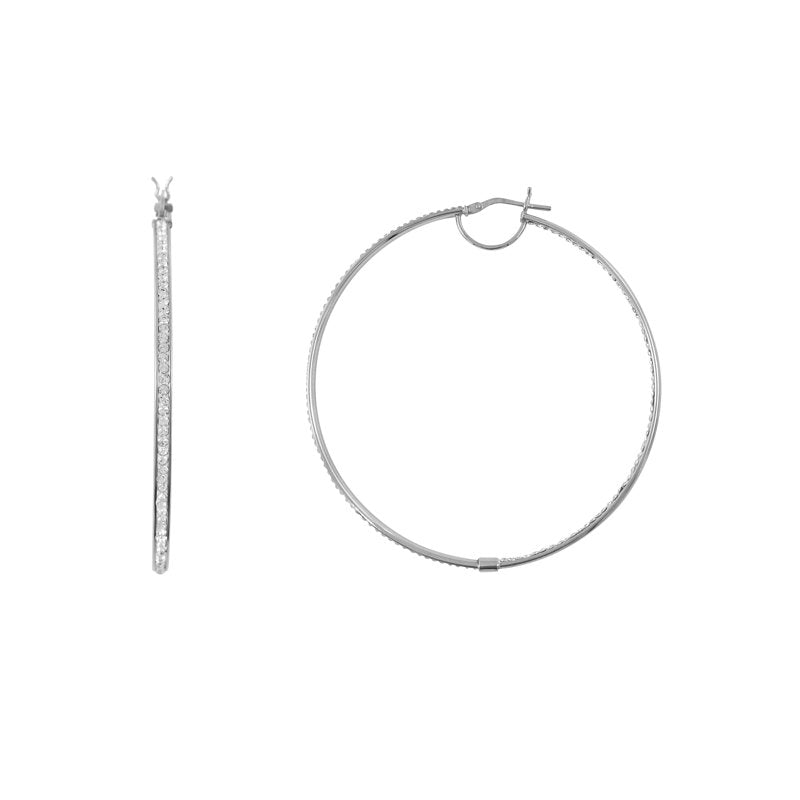 Sterling Silver Hoop Earrings with Crystals - Rhodium Plated Large Round In-Out Design