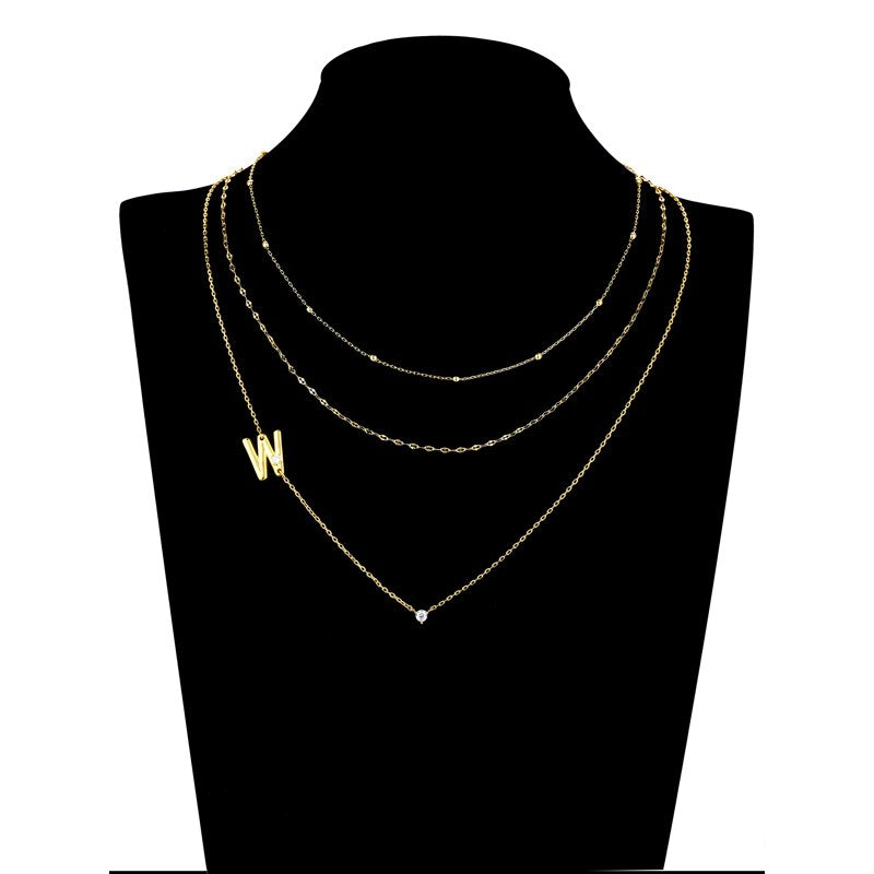 Gold Flash Plated Initial Necklace Set with Cubic Zirconia - 3 Layer Cute Jewelry
