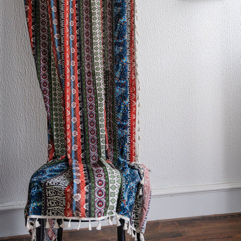 Boho Semi-Blackout Curtain Set with Beige Tassels - Cotton Linen, Multiple Sizes
