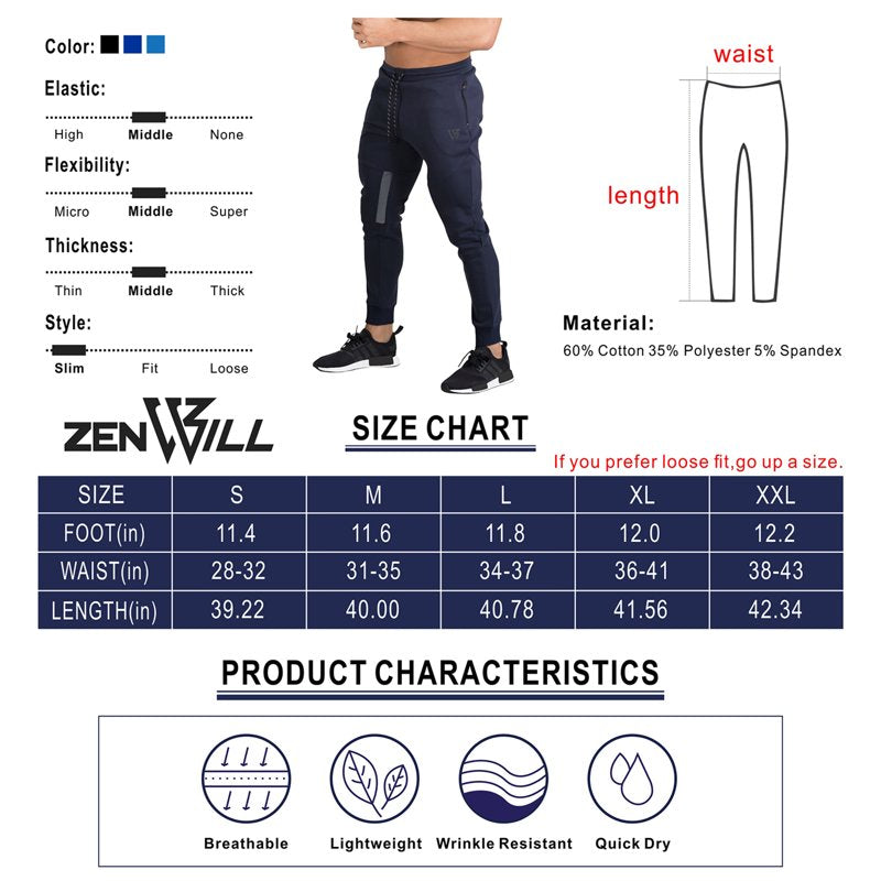 Men's Slim Tapered Workout Joggers with Breathable Fabric & Zipper Pockets