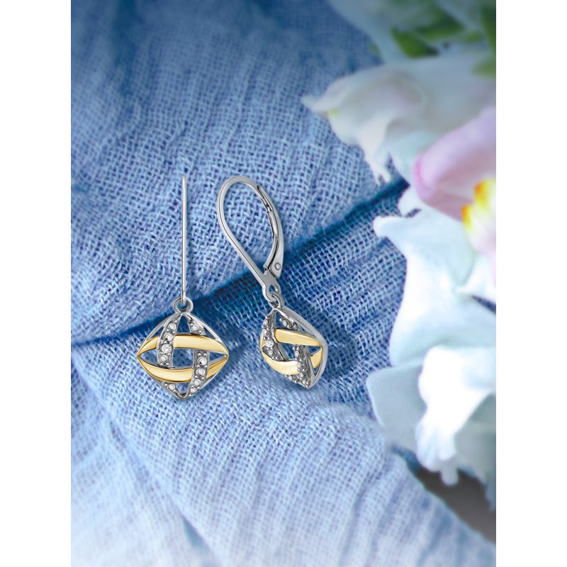 Sterling Silver White Diamond Earrings for Women - Two Tone Drop Jewelry