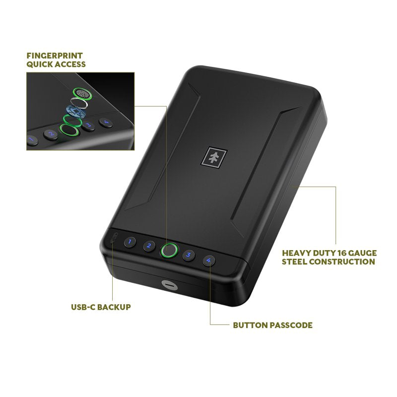 Portable Biometric Safe with Fingerprint, USB-C & Steel Cable - Compact Gun & valuables Storage