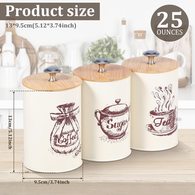 Vintage Metal Canister Set with Airtight Bamboo Lids - Coffee, Sugar, Tea Storage - 3 Piece Beige Kitchen Containers