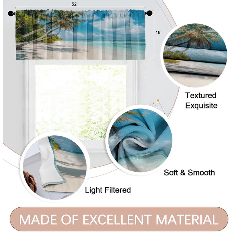 2 Pack Window Valances for Living Room Kitchen - Adjustable Blue Ocean Pattern 18x52 Inch