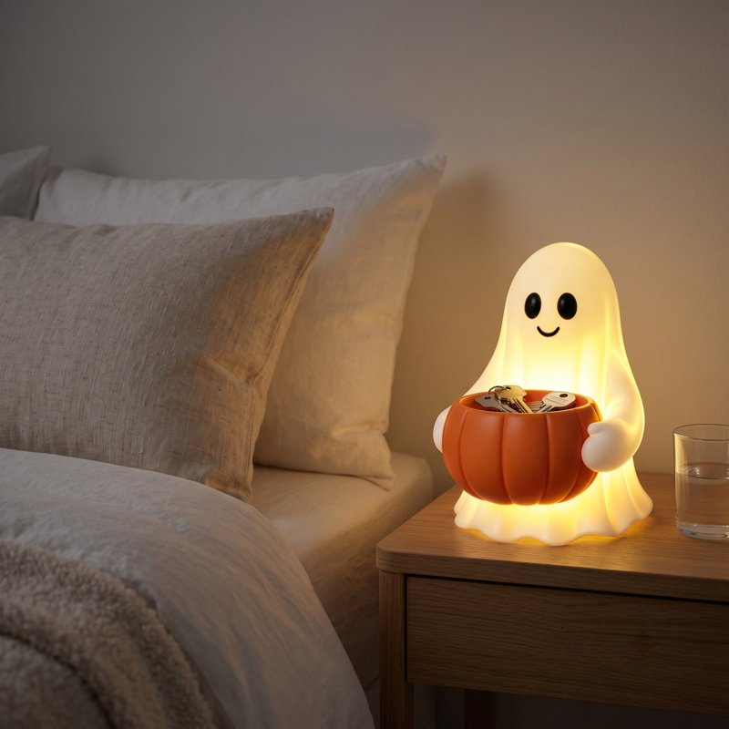 Lighted Halloween Ghost Candy Bowl with LED Illumination and Pumpkin Bucket - Outdoor Indoor Decor