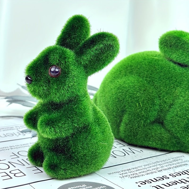 Green Flocked Moss Easter Bunny Sculpture - Resin Spring Home Decor, 4 Inch