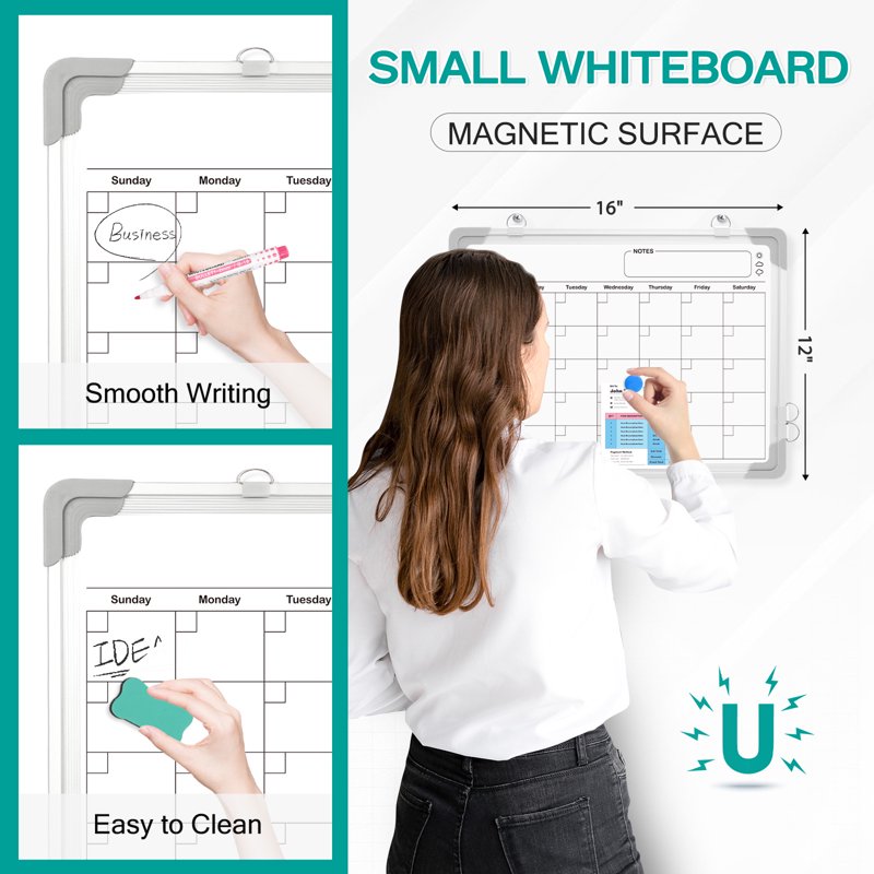 Magnetic Double-Sided Monthly Whiteboard Calendar 16x12 Wall Organizer