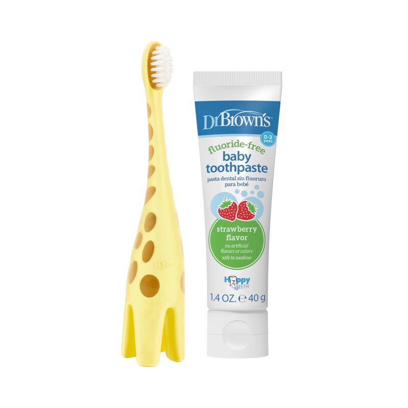 Infant-to-Toddler Toothbrush and Fluoride-Free Strawberry Toothpaste Set - Giraffe Variation (0-3 Years)