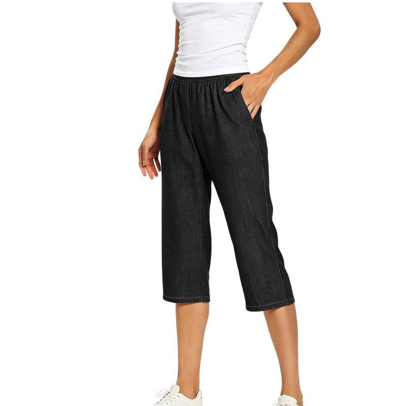 Women's High Waisted Elastic Cargo Capris with Pockets - Casual Athletic Pants