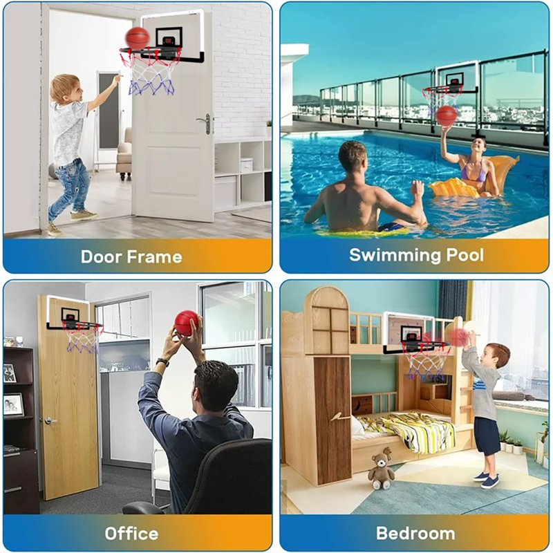 Indoor Kids Basketball Hoop with Electronic Scoreboard - Wall-Mounted Mini Toy Set