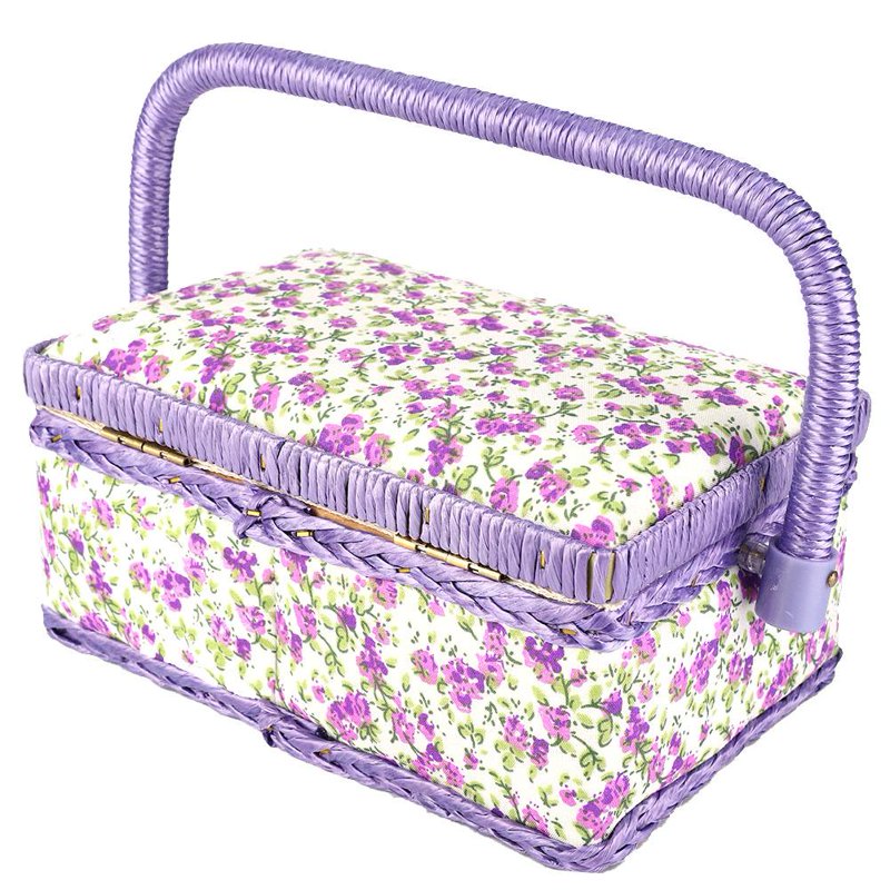 Handmade Sewing Basket Organizer with Double Layer Storage & Floral Print