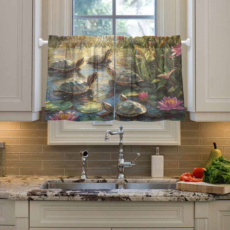 Set of 2 Kitchen Window Curtains Sunlit Turtle Pattern 27x24/36in - Privacy & Light Control