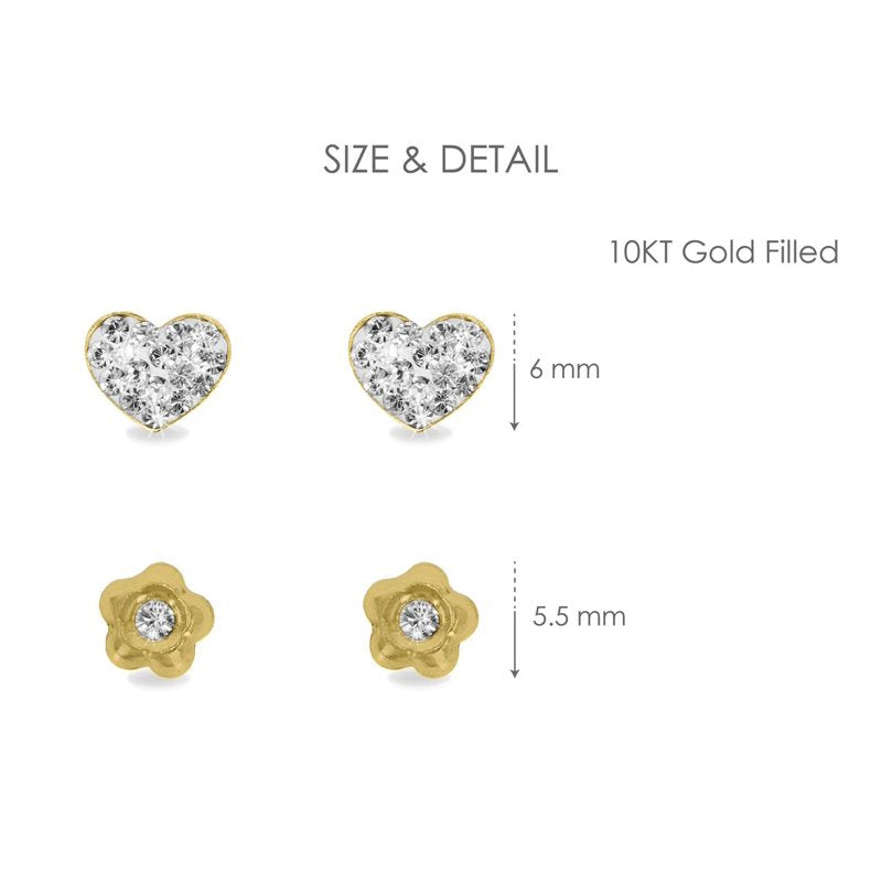 Children's Gold Filled Crystal Flower Heart Stud Earrings Set