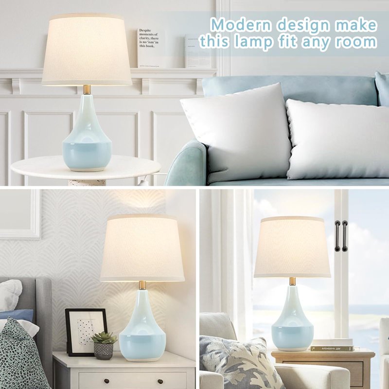 Set of 2 Modern Ceramic Table Lamps with Fabric Shades - Sky Blue, Green, Pink & More