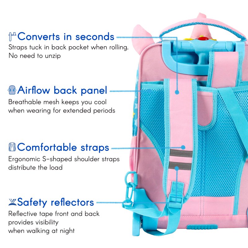 Kids Rolling Backpack with Convertible Shoulder Straps and Large Main Compartment