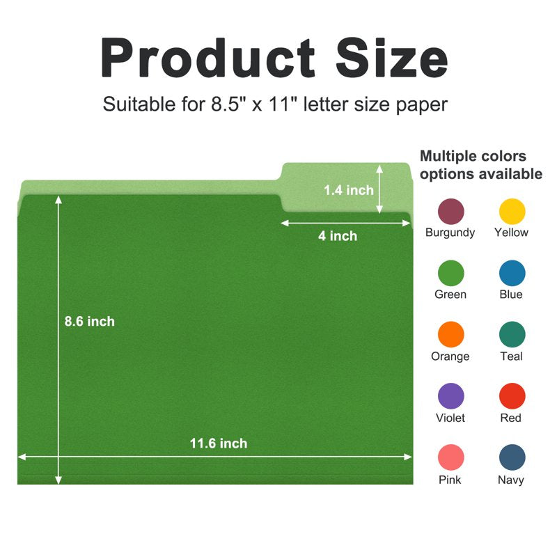 Multicolored File Folders with 1/3 Cut Tabs - 100 Pack for Office & School