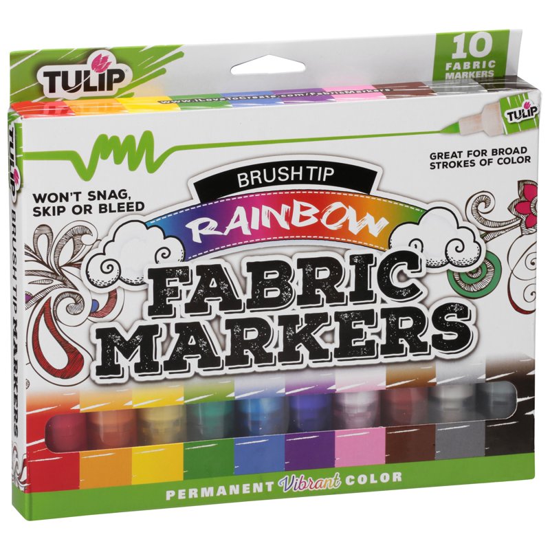 Rainbow Fabric Markers Set - 10 Brush Tip Markers for Textiles, Washable, Permanent