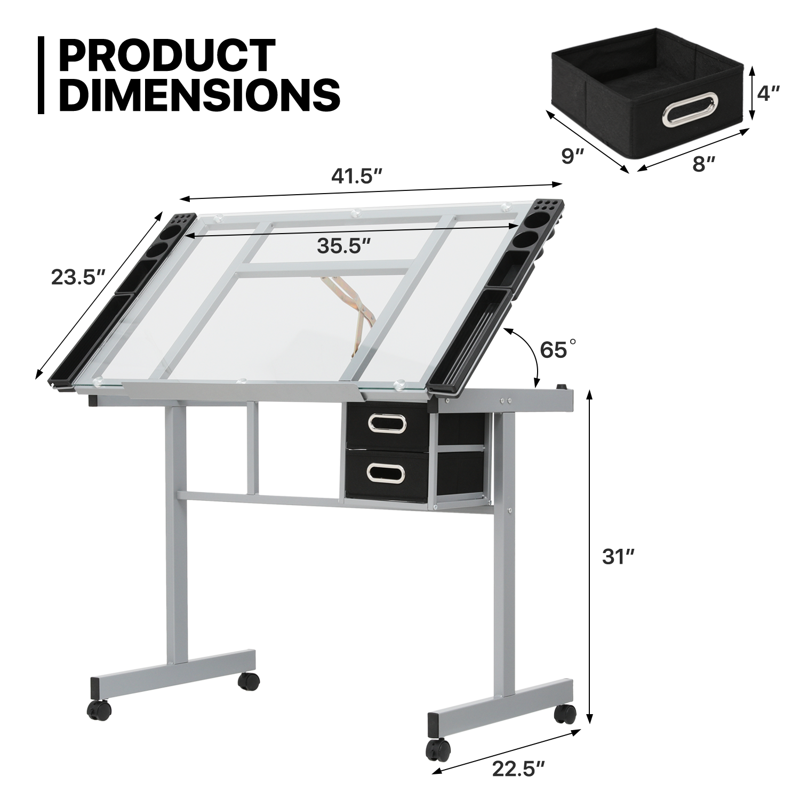 Adjustable Drafting Table with Glass Top and Storage - Art & Craft Station