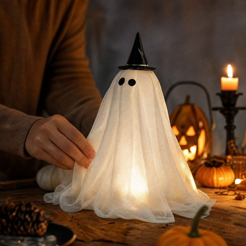 Lighted Ghost Halloween Decorations Set of 5 Gauze Figurines with Witch Hats