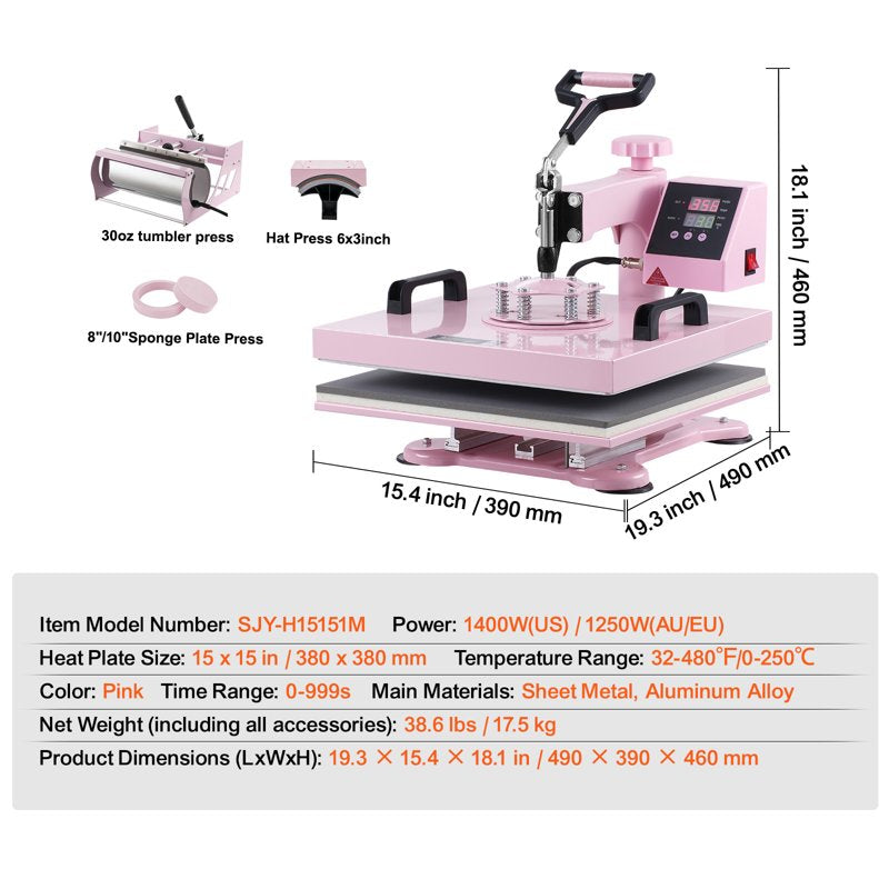 15x15 Inch Heat Press Machine with 5-in-1 Transfer Tool for T-Shirts Mugs Hats