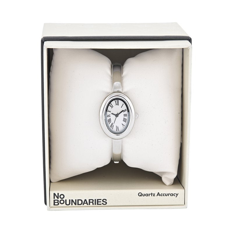 Silvertone Oval Case Watch with Bangle Bracelet for Women