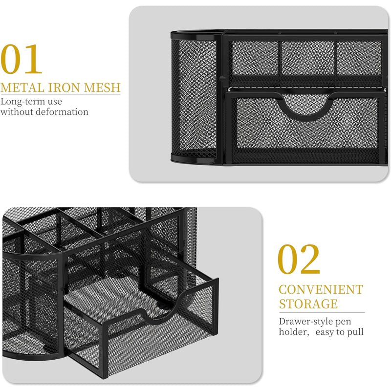 Small Mesh Desk Organizer with Drawers, 9 Compartments for Office and Makeup